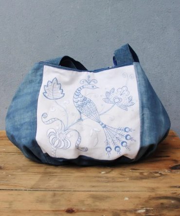 Blue Peacock Embroidered Fabric Tote Bag