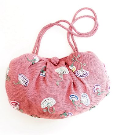 Dusty Pink Embroidered Floral Knit Shoulder Bag