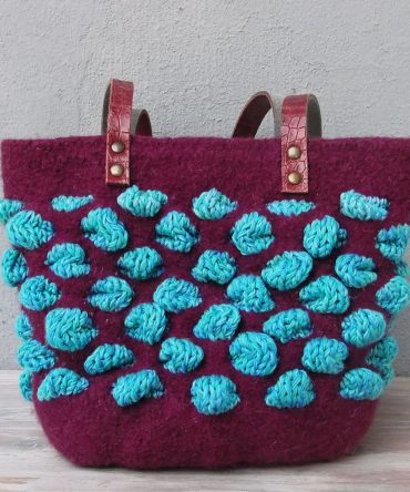Plum Felted Tote with Turquoise Popcorn Crochet