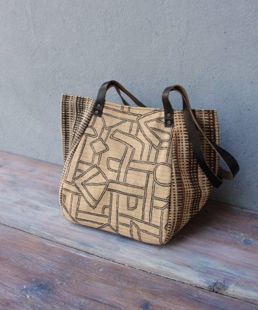 Tribal Pattern Woven Tote Bag with Leather Straps